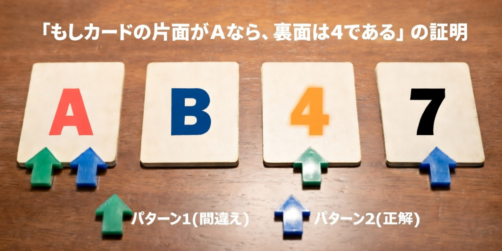 「もしカードの片面がAなら、裏面は4である」の証明
ルールとして
A) めくる必要がないカードをめくるか
B) めくる必要があるカードをめくらないか
は、クイズに失敗になる。